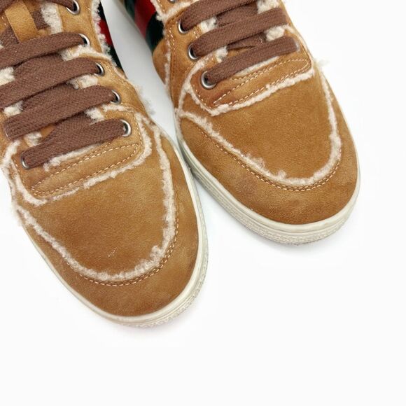 GUCCI Brown Suede Shearling Ace Sneakers Size 39 US 8.5 High Top Web Stripe Fur - Picture 3 of 11